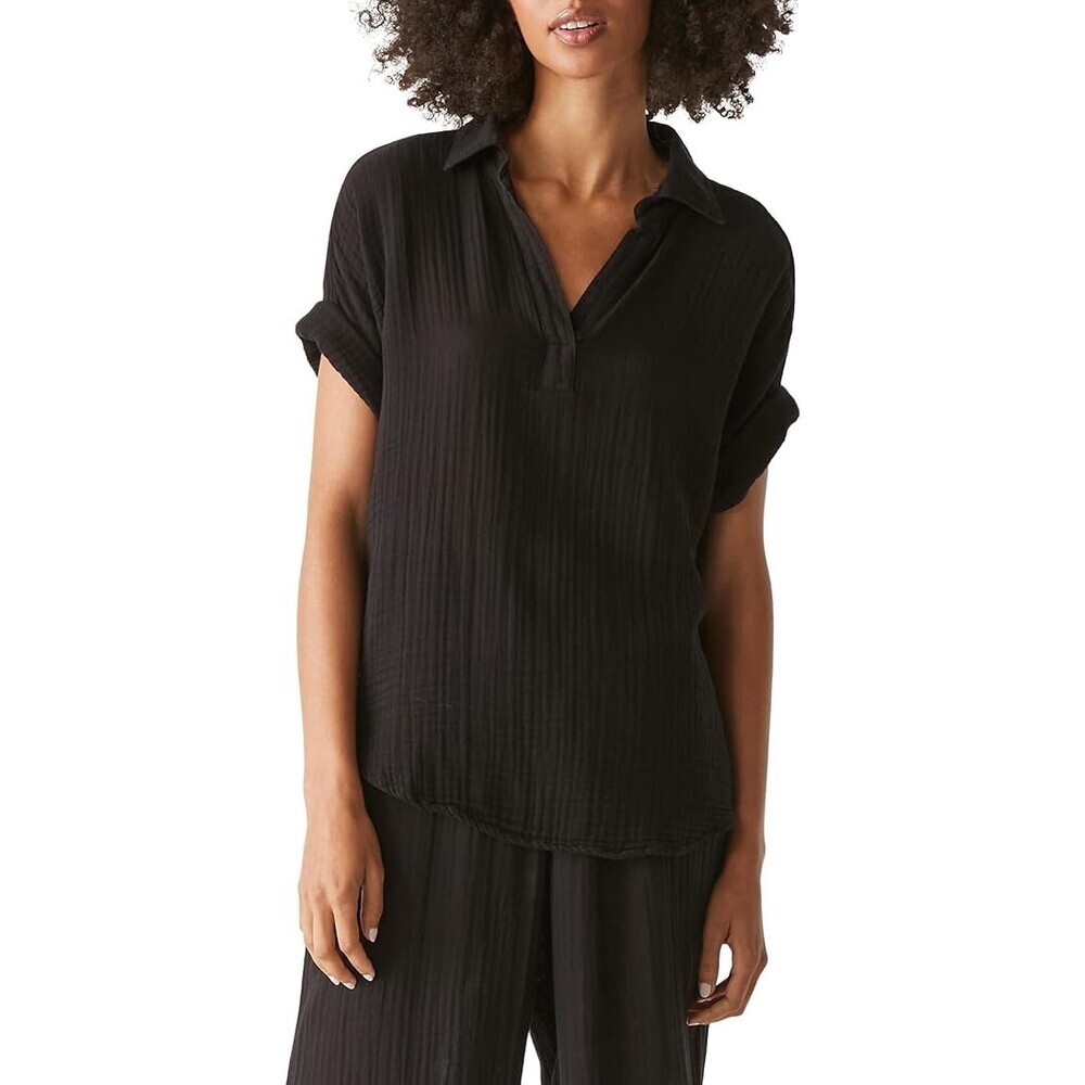 Michael Stars Gigi Popover Top Women XS Black Gauze Cotton Rolled Sleeve RED1067